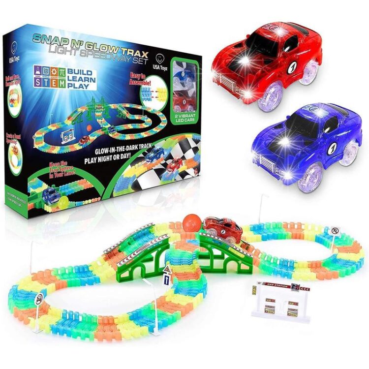 Glow in The Dark Race Car Tracks Flexible Bendable Track Set with Ramps, Bridge, 2 LED Cars (CF1303)