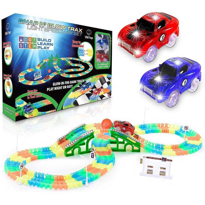 Glow in The Dark Race Car Tracks Flexible Bendable Track Set with Ramps, Bridge, 2 LED Cars (CF1303)